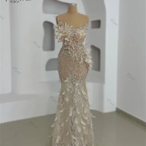 Illusion Champane Mermaid Formal Occasion Dress Feather Lace Floor Length Evening Dresses 3D Appliques Prom Vestidos Custom Made