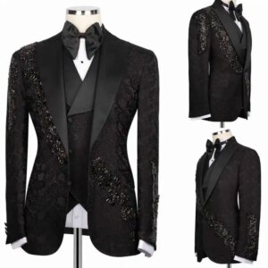Luxury Beads Men Suits Customized Floral Pattern Groom Wedding Party Tuxedos 3 Pieces Sets Male Blazes Fashion Costumes Homme