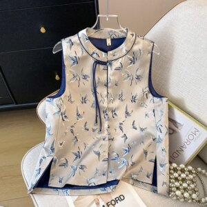New Chinese style small round neck plate blouse embroidery Hanfu national vest cardigan lady coat