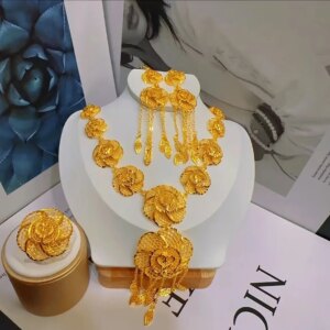 New Dubai 24K Gold Plated Necklace, Earrings, Rings for Women’s Wedding Parties, Mother’s Gifts, Jewelry Set YY10544