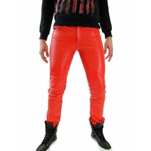 Men Red Fashionable Genuine Real Sheepskin Leather Pant Outdoor Wear Jogger
