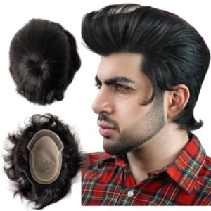 Brazilian Virgin Human Hair Replacement #1B Black Straight 8×10 Toupee Silk Base Front Lace Unit for White Men