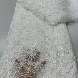 Luxury Beaded Lace High Quality Fabric 2025 White Lace Fabric Embroidery Tulle Lace Sequins Lace Fabric for Wedding Dress Q454-1