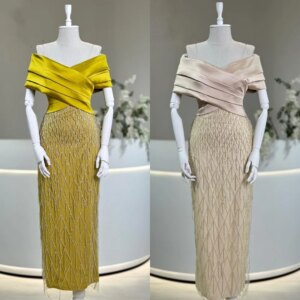 Customized Modern Style Pleat Sequined Straight Off-the-shoulder Midi Dresses Bespoke Occasion Quinceanera Formal Simple