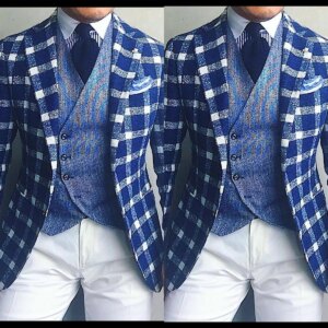 Blue Plaid Men’s Wedding Suits High Quality Tuxedos Classic 3 Pieces Groom Wear Work Formal Clothing For Male Costard Homme