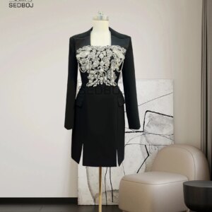 New Summer 3D Square Neck Black Beaded A-line Dress