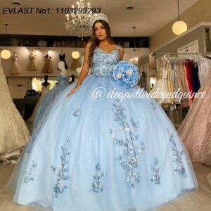 EVLAST Customized Glitter Sky Blue Quinceanera Dress Ball Gown Lace Applique Beading Crystal Sweet 16 Vestido De 15 Anos E1Q280