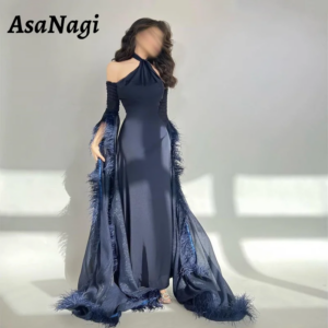 AsaNagi Mermaid Halter Neck Prom Dress Women’s Feather Long Sleeve Party Evening Gown Navy Blue Ankle Length Special Occasion
