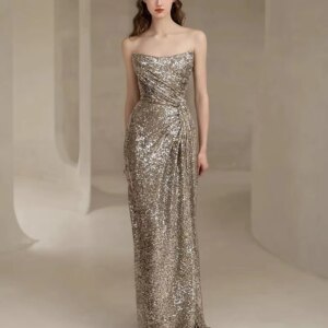 Sparkly Prom Dresses Boat Neck Strapless Shiny Ruched Mermaid Sleeveless Floor Length Side Split Formal Evening Party Gowns 2024