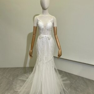 Sexy V-Neck Wedding Dress For Bride Heavily Beaded Sequined Mesh Wedding Dress For Women Luxurious Mermaid Wedding Dress