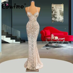 Modern Illusion Party Dress 2022 Customized Pearls Spaghetti Straps Long Mermaid Evening Gowns Sexy Prom Dress Vestidos De Festa
