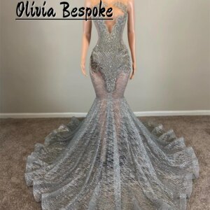 Sparkly Silver Diamonds Mermaid Prom Dress Sequins Gown Bead Crystal Rhinestones Wedding Birthday Party Dress Customized
