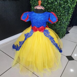 Blue And Gold Flower Girls Dress 2025 Short Sleeve Sequin Mariachi Kid Pageant Party Lace First Communion Birthday Customized
