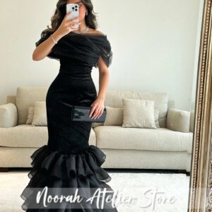 Elegant Black tulle Boat Neck Arabic Evening Dresses Tiered Ruffles Wedding Dresses Dubai فساتين سهرة Prom Dress 2025 Customized