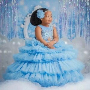 Light Sky Blue Flower Girl Dresses Beading Tulle Princess Ball Gowns Girls African First Birthday Party Dress