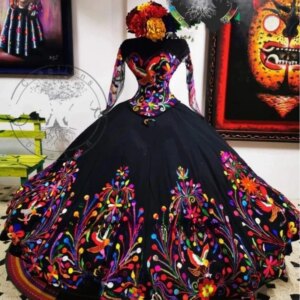Black Princess Quinceanera Dresses Ball Gown Long Sleeves Embroidery Sweet 16 Dresses 15 Años Mexican Customized