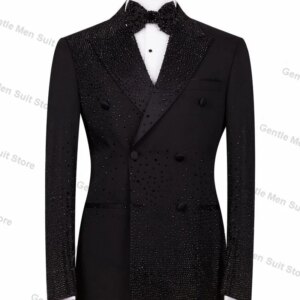Black Luxury Crystals Men Suits 2 Piece Blazer+Trousers Wedding Tuxedo Male Prom Coat Cotton Customized Formal Office Jacket