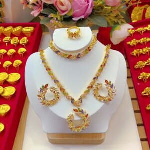 Dubai’s New 24K Gold Plated Necklace, Earrings, Rings, Bracelets, Wedding Party Jewelry Set Gift for Women YY10527