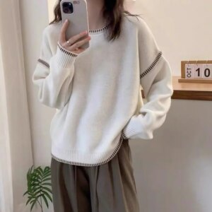 Lazy style design rolled edge raglan sleeve sweater women’s autumn and winter pure cashmere new loose fit versatile