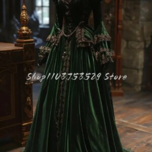 Classic Dark Green Victorian Prom Dresses Elegant Lace Square Neck Long Sleeve Gothic Tie Pleated A-Line Masquerade Customised