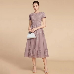 A-Line Mother of the Bride Dress Wedding Guest Elegant Petite Jewel Neck Tea Length Lace Tulle Short Sleeve with Ruching Flower