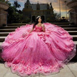 Customized Pink Off The Shoulder 3D Flower Quinceanera Dresses Bead Applique Birthday Luxury Dress Tiered Bow Princess Gown