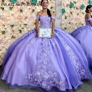 EVLAST Customized Luxury Lavender Quinceanera Dress Ball Gown Lace Applique Beaded Corset Sweet 16 Vestido De 15 Anos E1Q206