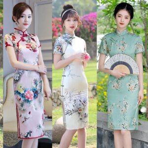 Mid-Length Double-Layer Improved Figure Flattering Printed Old Shanghai Daily Cheongsam