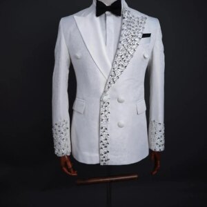 Jacquard Crystals Men Suit Set 2 Piece White Blazer+Pant Trousers Customized Formal Office Jacket Prom Wedding Tuxedos Coat