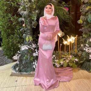 Customized Pink Mermaid Prom Dresses Floor-Length O-Neck Full Sleeve Evening Gown Fashion Crystal Simple Draped Party Gown