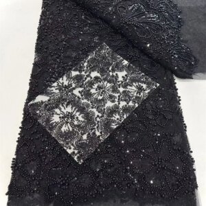 Black Luxury African Sequin Lace Fabric 2025 High Quality French Nigerian Groom Beaded Lace Fabric for Sewing Party Dress Q300-1