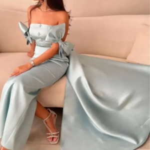 Customized Elegant Blue Bow Ball Dress Off Shoulder Sparkling Beaded Evening Dress Strapless Formal Wedding Party Dress