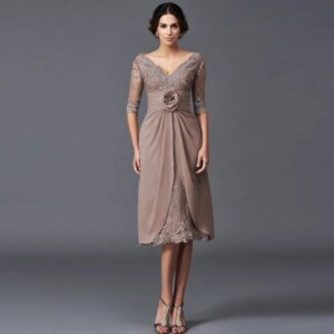 Customized Elegant V-Neck Mother Of The Bride Dresses Flower Half Sleeve Tea-Length Party Dress Pleat Lace Appliques A-Line Prom