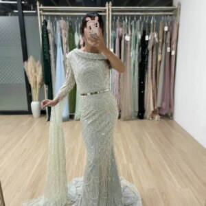 MYMB Custom Luxury Pearl Beaded Arabian Mermaid One Shoulder Gown Cape Elegant Wedding Prom Evening Formal Dress for Women new