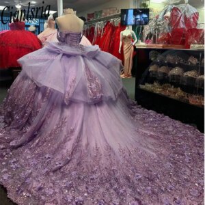 Lilac Beading Crystal Bow Ball Gown Quinceanera Dresses 3D Flowers Sequined Appliques Lace Sweet 16 Vestido De 15 Anos