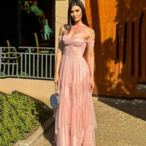 OEING A-Line Pink Prom Dress Elegant Off Shoulder Sweetheart Pleats Party Gowns Floor-Length Evening Dress Customized