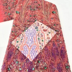 Orange Luxury African Sequins Lace Fabric 2025 High Quality French Nigerian Groom Beaded Lace Fabric for Sewing Dresses Q291-1