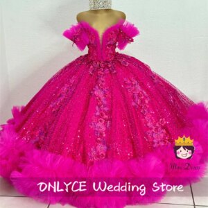 Exquisite Hot Pink Flower Girls Dresses Floral Applique Pearls Sequins Ruffle Dress For Wedding Birthday Gown Customized