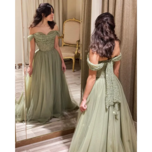 2024Elegant Off Shoulder Sage Evening Dresses for Women Wedding Guest Luxury Beaded Arabic Long Formal Party Gown Temperament