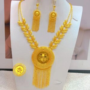 Dubai New 24K Gold Plated Necklace Earrings Rings for Women’s Wedding Parties Gifts for Mothers Jewelry Set YY10537
