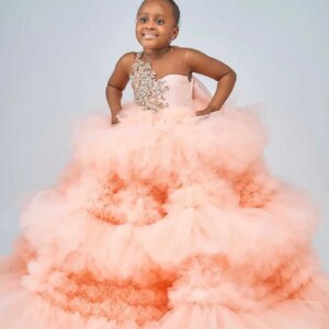 EVLAST Customized Pink Floral Ruffles Flower Girls Dress for Weddings Crystal Beaded Bow Girls Pageant First Communion Gown FD74