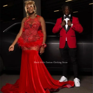 Sexy See Through Mesh Prom Dress Red Diamante Feather Applique Women’s Birthday Party Celebrity Dresses vestidos de noite Custom