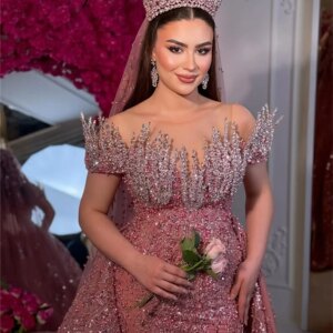 Pink Beading Evening Dresses Customized Off Shoulder Crystals Engagement Dress Arabic Dubai Wedding Party Gown Detachable Skirt