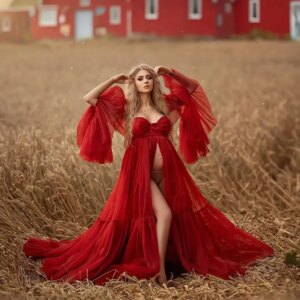 Red Prom Dresses Pregnant Women Maxi Gown for Photography Tulle Long Sleeves Evening Gowns