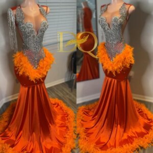 Sparkle Sequin Prom Dresses Black Girls 2025 Sexy Illusion Feather Crystal Tassel Crew Evening Gowns Women Luxury Customized