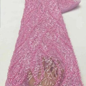 Luxury Heavy Lace Fabric 5yards 2025 New High Quality Nigerian Sequins Beads Tulle Lace Fabric For Sew Wedding