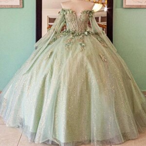Sage Green Shiny Princess Quinceanera Dresses Applique Flower Beads With Cape Corset Sweet 16 Dress Birthday Vestidos De 15 Anos