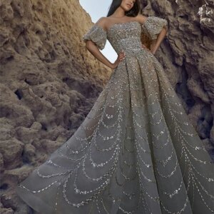 Luxurious Beaded Sequin Short Sleeve Gown Sexy v Neck Bridal Dresses Elegant Length Wedding Dress Customized Vestidos De Novia