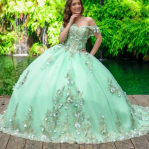 Mint Green Shiny Quinceanera Dresses Off Shoulder Ball Gown Sweet 16 Dress Applique Flower Beads Tull Birthday Party Vestidos 15
