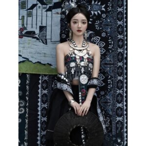 Costume Female Stage Miao Costume Wax Dyed Hanging Dress Miao Costume Miao Xinjiang Suit Top Skirt Shawl Ethnic Minority
